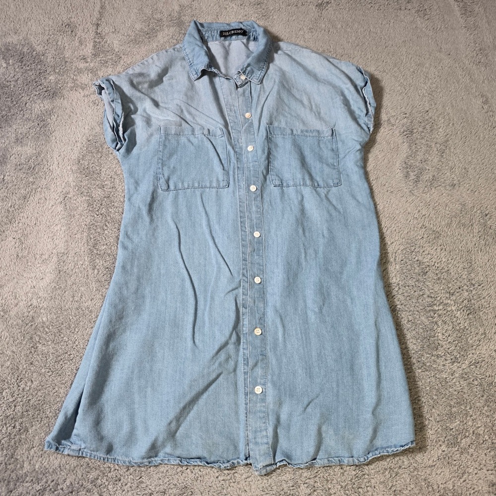 Zilcremo Womens Large Shirt Dress Light Blue Chambray Short Sleeve Button Front